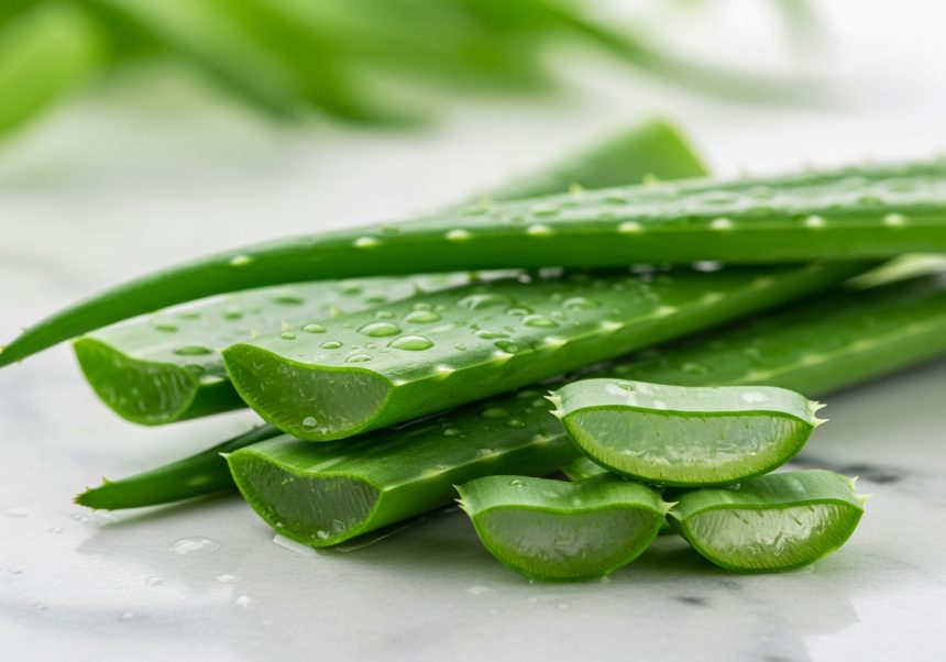 Frische Aloe Vera Blätter mit Wassertropfen auf einer Oberfläche.