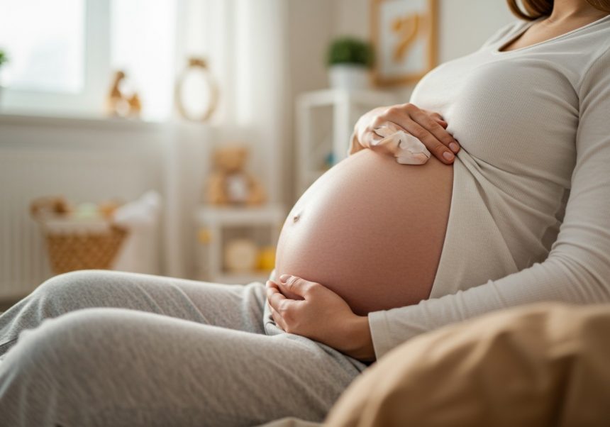 Schwangere Frau sitzt entspannt und hält ihren Bauch in einem gemütlichen Raum.