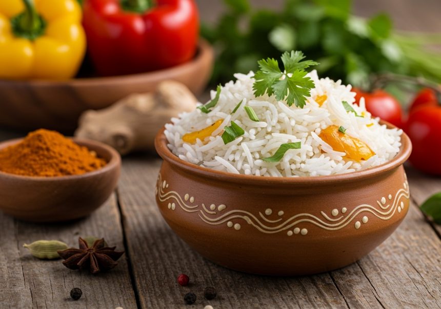 Eine Schüssel Basmati-Reis mit frischen Kräutern und Gewürzen auf einem Holztisch.