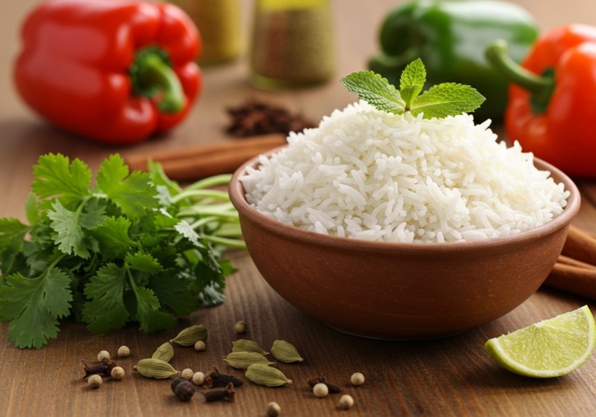 Eine Schüssel Basmati-Reis mit frischen Kräutern und Gewürzen auf einem Holztisch.