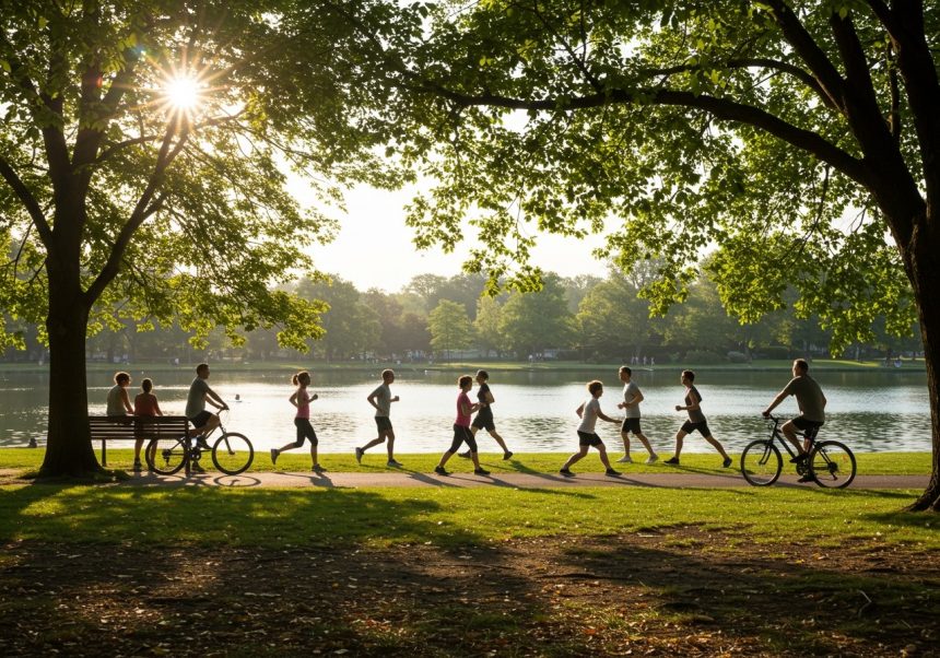 Menschen joggen und radfahren am Ufer eines Sees, umgeben von Bäumen.
