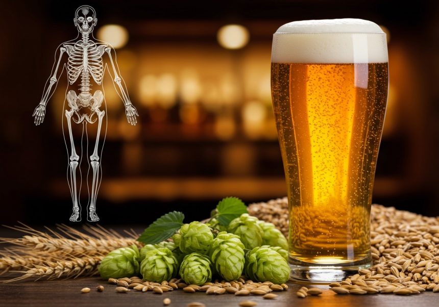 Ein Glas Bier steht neben Hopfen und Gerste, mit einem Skelett im Hintergrund.