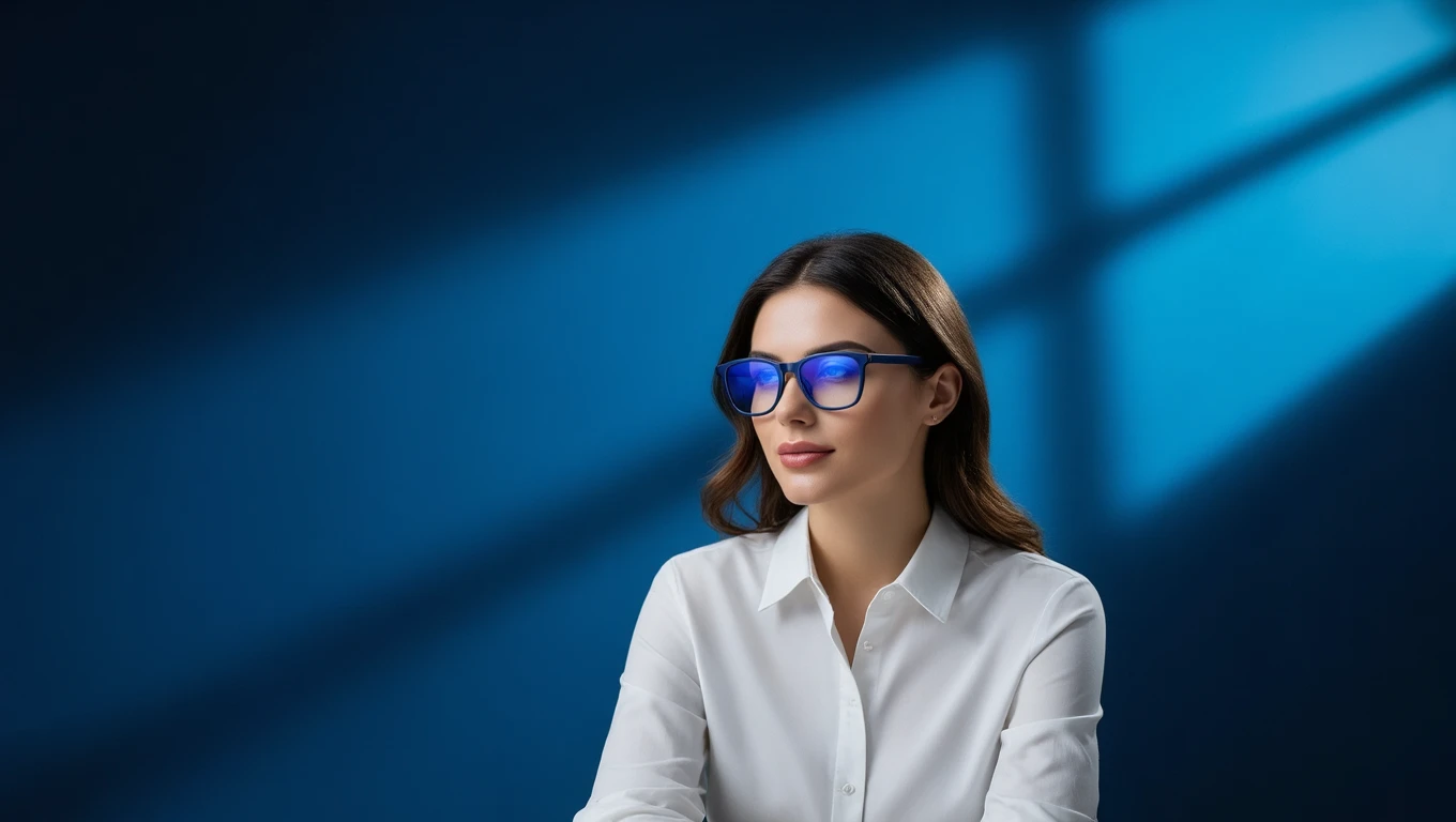 Eine Frau trägt eine Blaulichtfilter-Brille und schaut nachdenklich.
