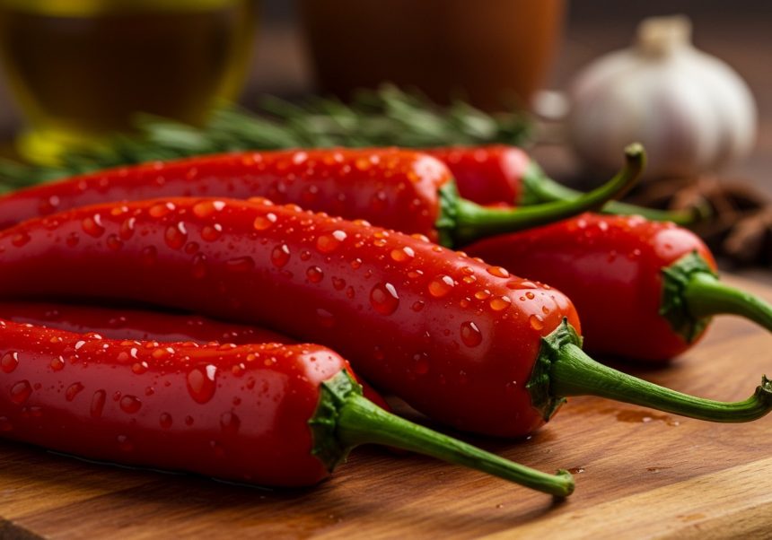 Frische rote Chilischoten mit Wassertropfen auf einem Holzbrett.