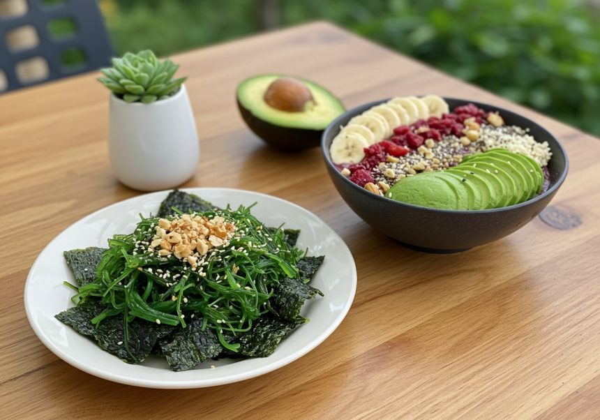 Eine Schüssel mit Algensalat und eine Schüssel mit Obst und Nüssen auf einem Holztisch.