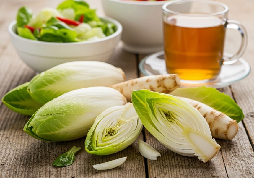 Frische Chicorée-Stücke auf einem Holztisch, umgeben von Salat und Tee.