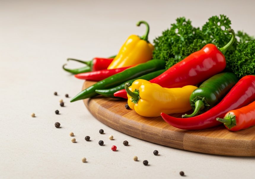 Bunte Chili-Schoten auf einem Holzbrett, umgeben von frischem Grün.