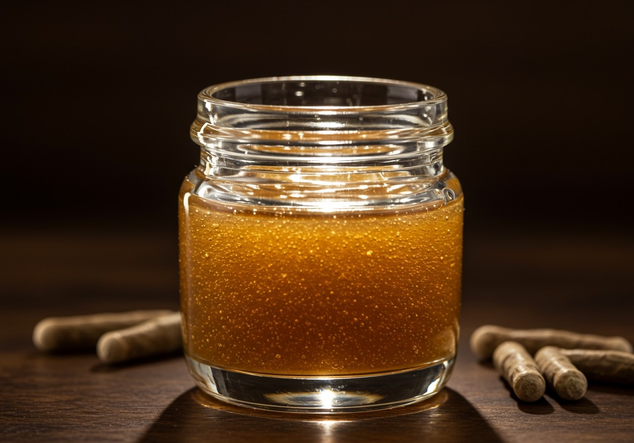 Ein Glas mit goldenem Cordyceps-Extrakt steht auf einem Tisch.