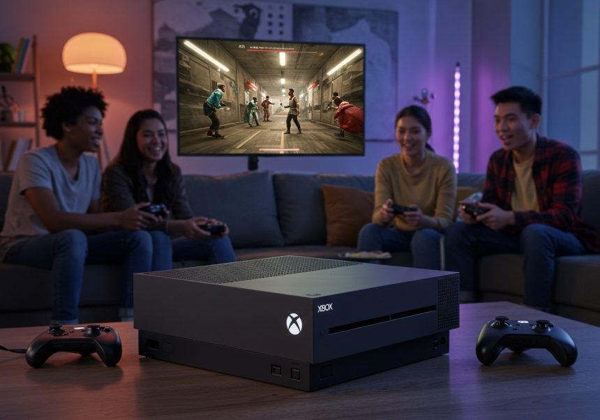 Eine Xbox-Konsole steht im Vordergrund, während Freunde gemeinsam ein Spiel auf dem Fernseher spielen.