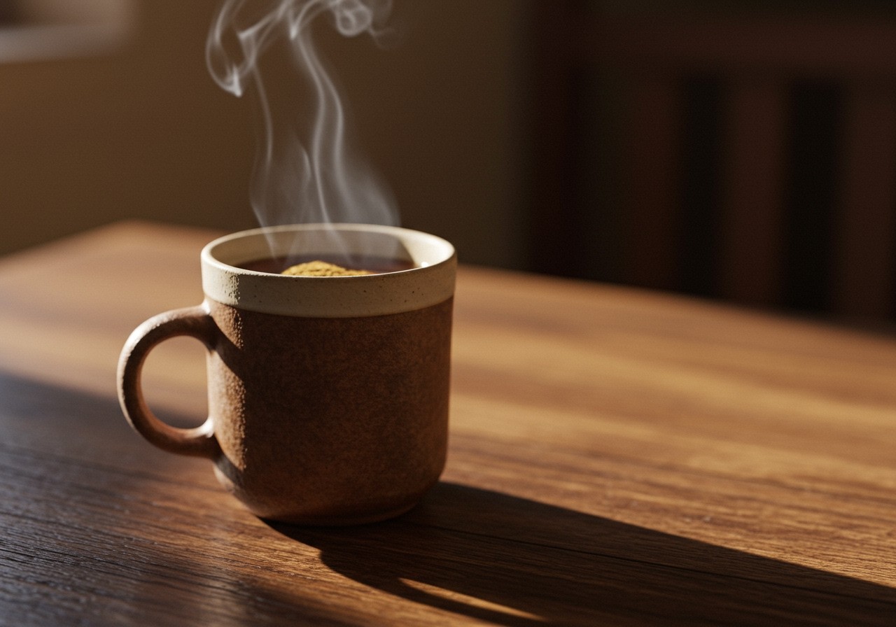 Eine dampfende Tasse Pippichkraut-Tee auf einem Holztisch.
