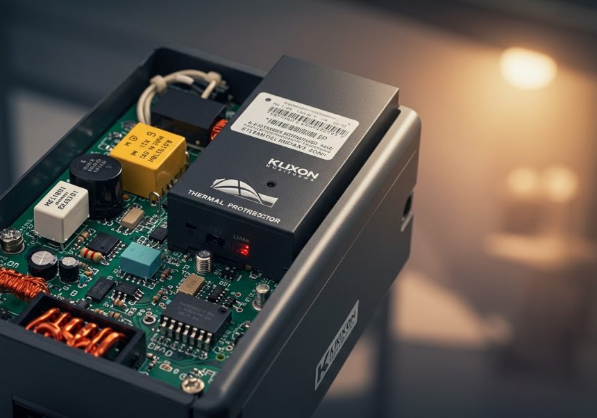 Detailaufnahme eines Klixon-Temperaturschutzgeräts auf einer Platine.