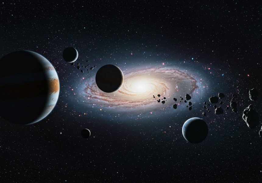 Eine beeindruckende Darstellung von Planeten und einer Galaxie im Weltraum.