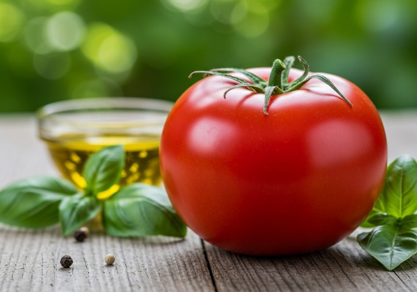 Eine frische, rote Tomate neben einem Glas Olivenöl und frischem Basilikum.