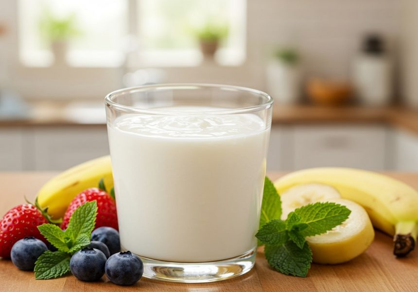 Ein Glas Kefir steht auf einem Tisch, umgeben von frischen Früchten wie Bananen, Erdbeeren und Heidelbeeren.
