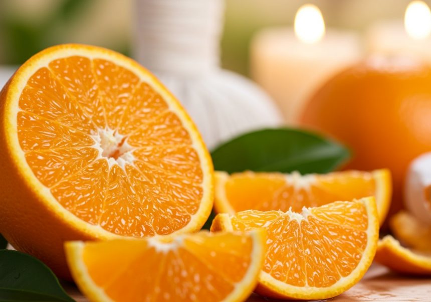 Eine halbierte Orange mit frischen Scheiben, umgeben von grünen Blättern.
