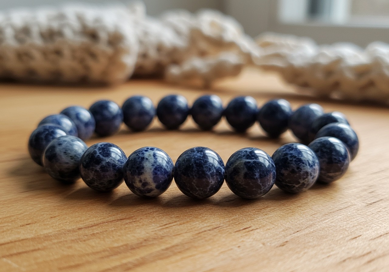Ein Sodalith-Armband aus blauen Perlen auf einem Holztisch.