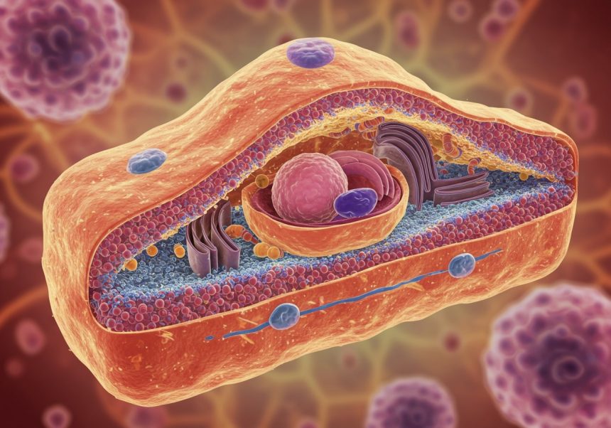 Eine schematische Darstellung einer Zelle mit Organellen und Zellmembran.