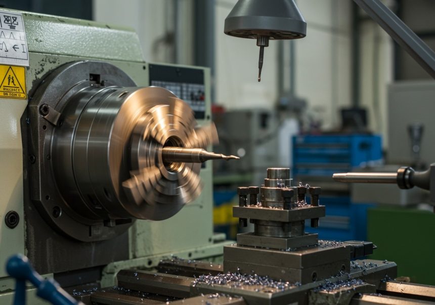 Eine Drehmaschine bearbeitet ein Metallstück mit rotierenden Werkzeugen.