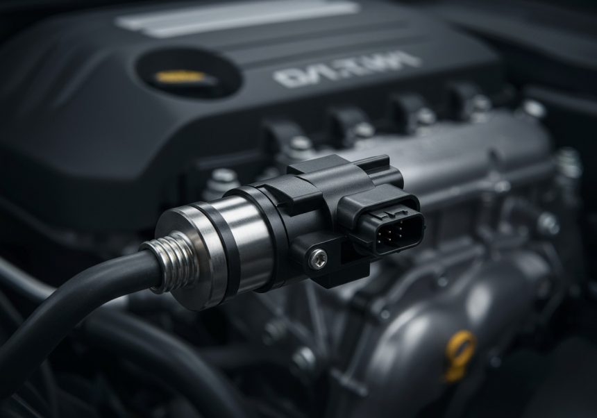 Nahaufnahme eines Drosselklappensensors im Motorraum eines Fahrzeugs.