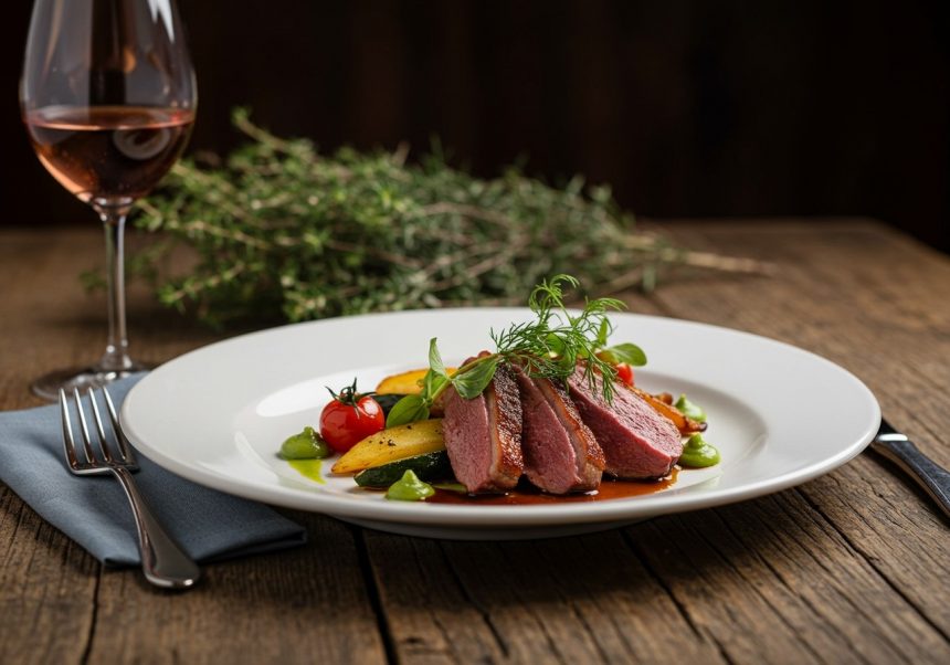 Ein Teller mit zartem Entenbrustfilet, buntem Gemüse und einer Sauce.