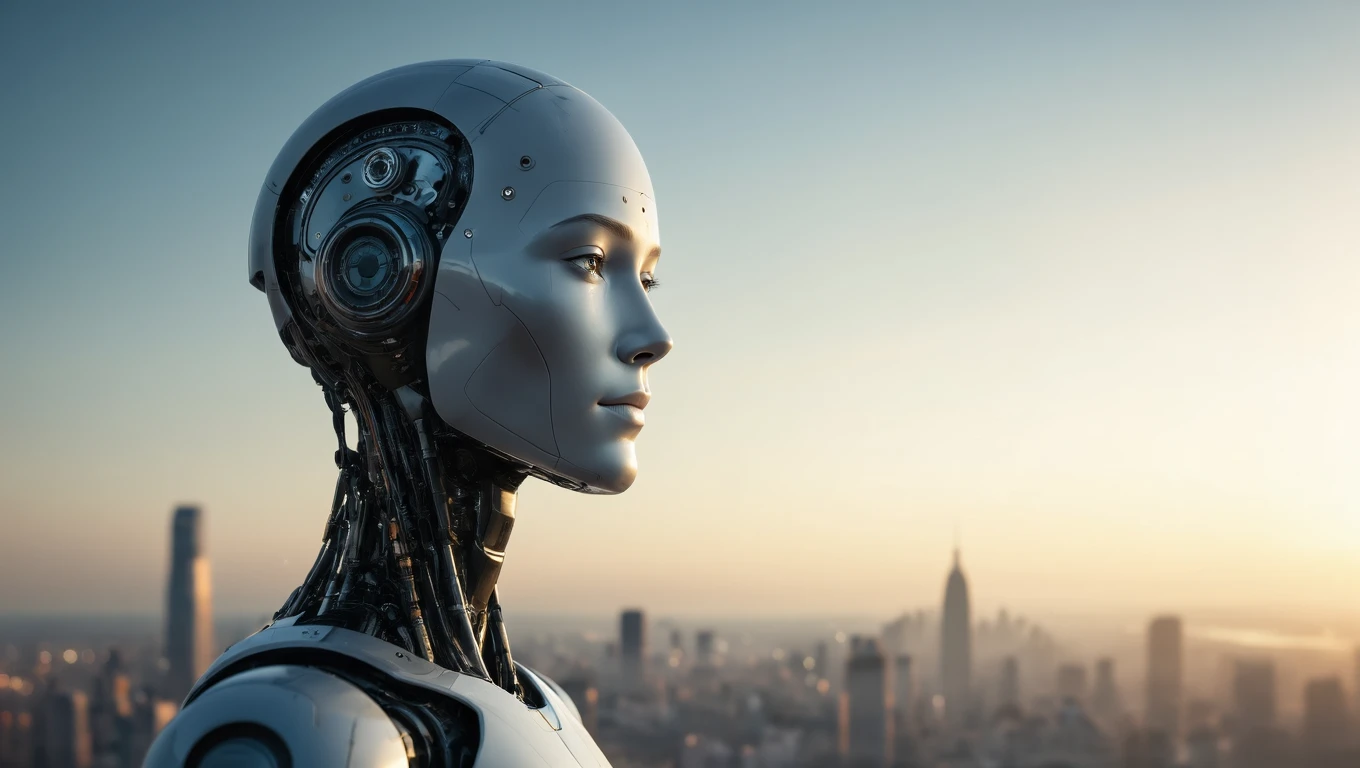 Ein futuristischer Roboter mit menschlichen Zügen blickt in die Ferne.