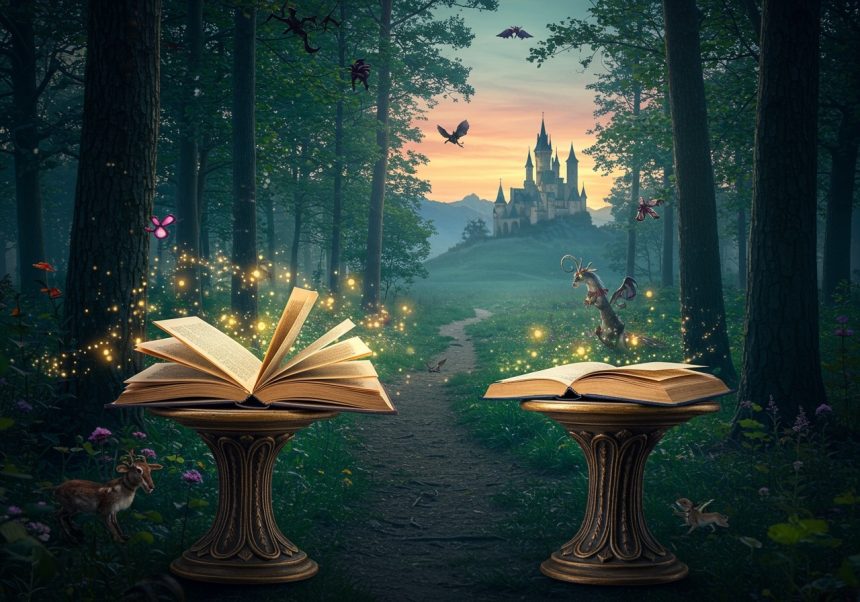 Zwei offene Bücher in einem magischen Wald, umgeben von funkelnden Lichtern und einer Burg im Hintergrund.