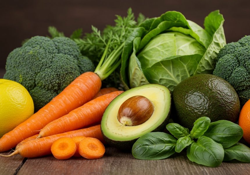Eine Auswahl an frischem Gemüse, darunter Brokkoli, Karotten und Avocado, die reich an fettlöslichen Vitaminen sind.