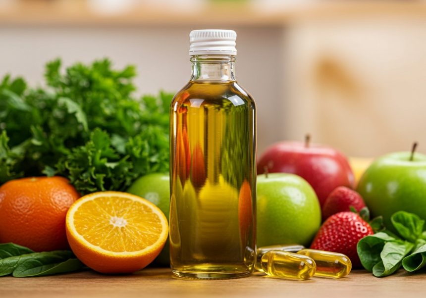 Eine Flasche Fischöl umgeben von frischem Obst und Gemüse.