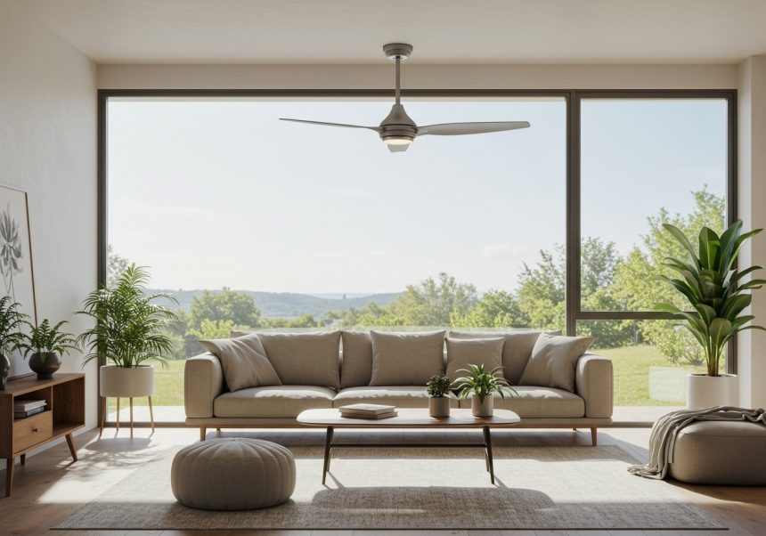 Ein moderner Wohnraum mit einem Deckenventilator und großen Fenstern, die frische Luft hereinlassen.