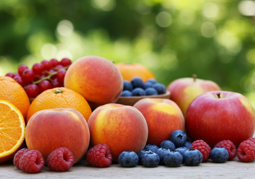 Eine bunte Auswahl an frischen Früchten, darunter Äpfel, Pfirsiche, Orangen und Beeren.