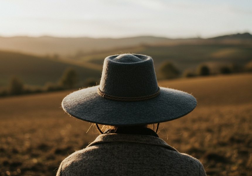 Eine Person mit einem breiten Hut blickt auf eine weite, sonnige Landschaft.