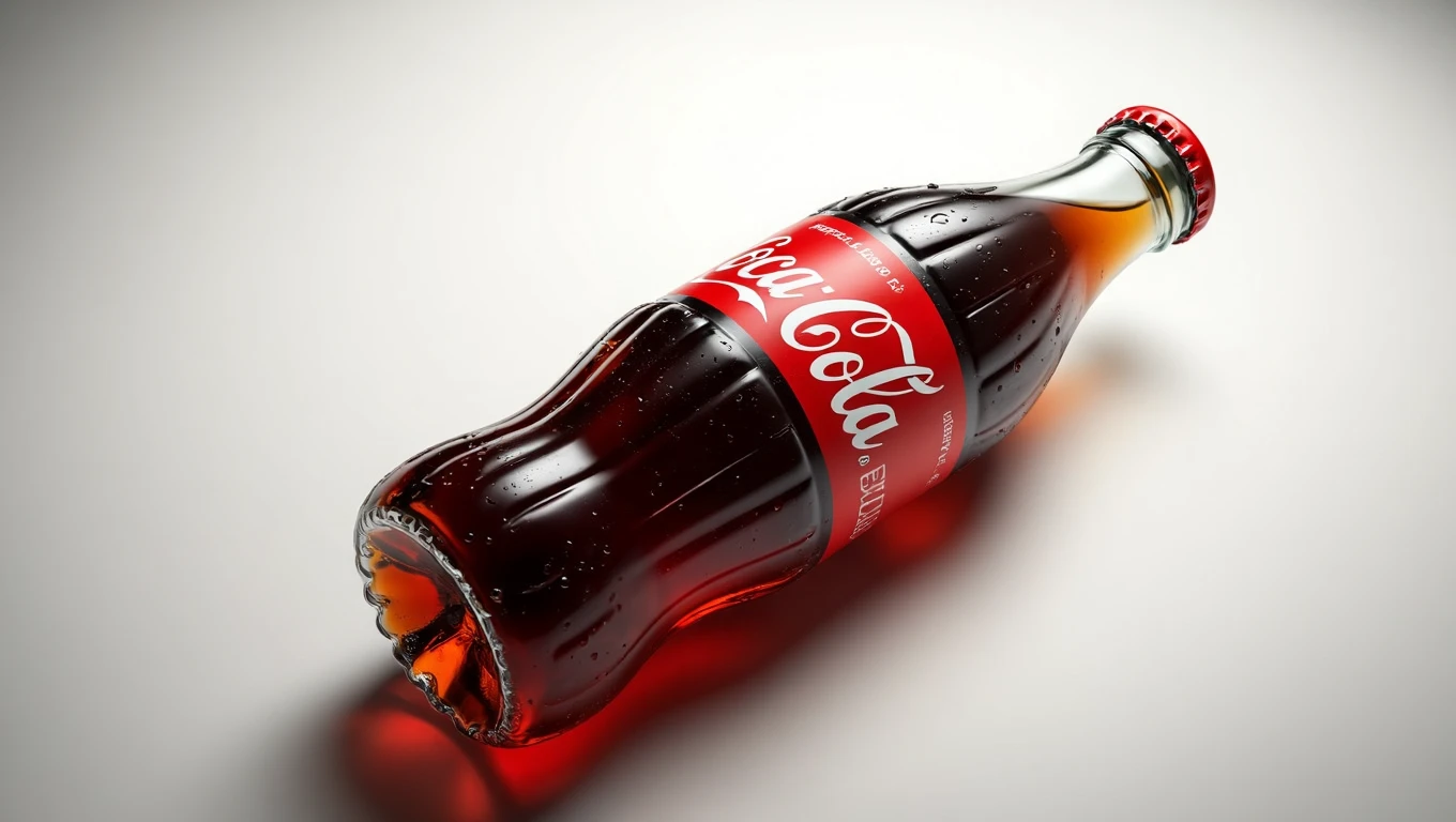 Eine geöffnete Flasche Coca-Cola mit sichtbaren Wassertropfen auf der Oberfläche.