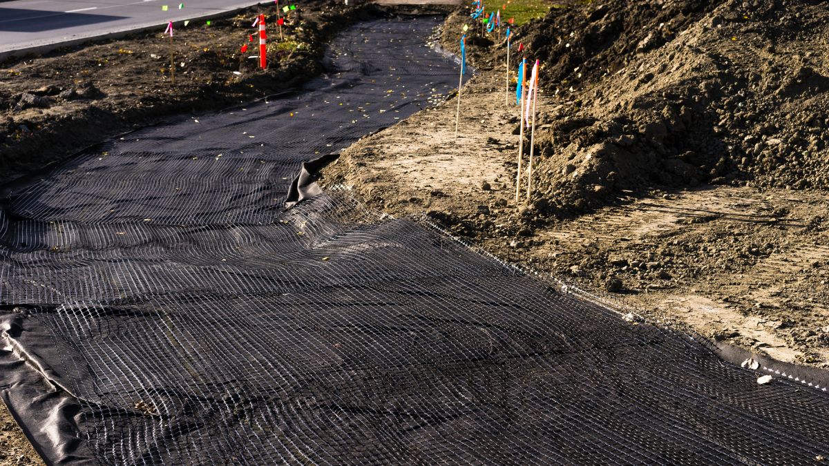 Ein geotextiles Material liegt auf einem Baugrundstück, um Erosion zu verhindern.