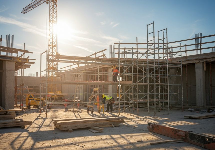 Bauarbeiter arbeiten an einem Gerüst auf einer Baustelle bei Sonnenuntergang.