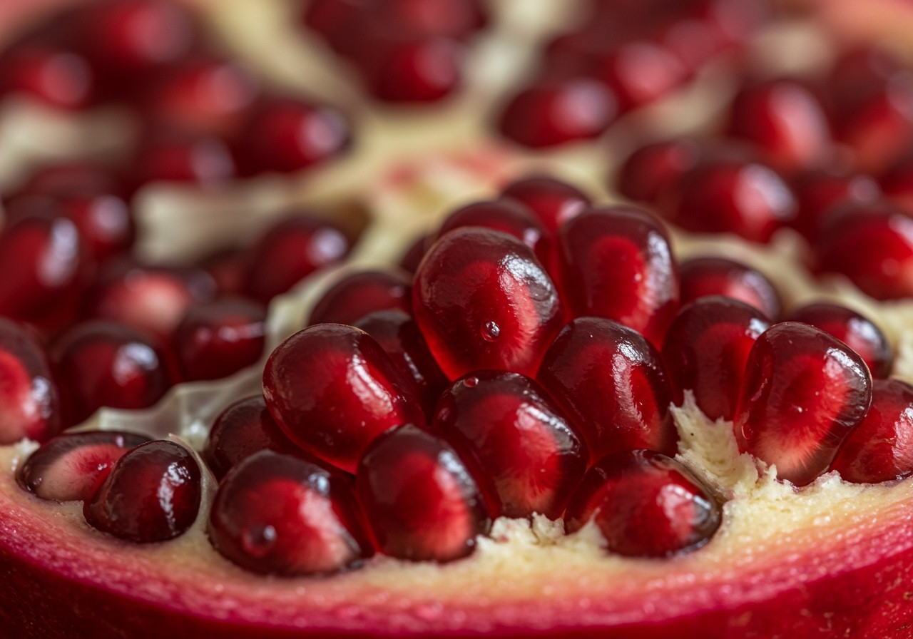 Nahaufnahme von saftigen Granatapfelkernen in einer halbierten Frucht.