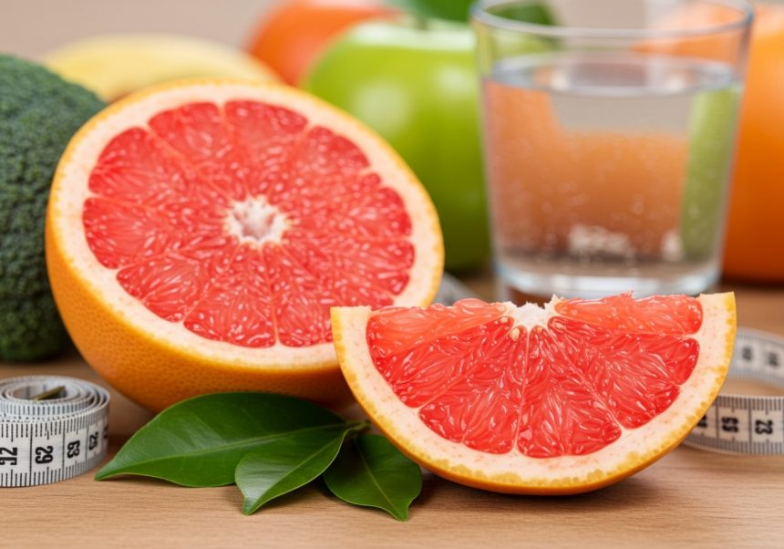Eine aufgeschnittene Grapefruit mit frischen Blättern und einem Maßband im Hintergrund.