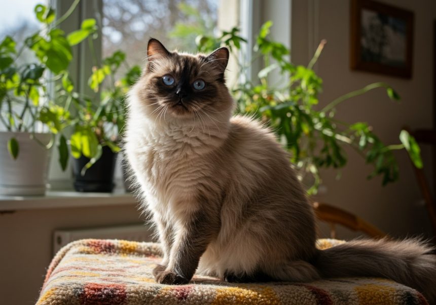 Eine Himalaya-Katze mit blauen Augen sitzt auf einem bunten Kissen.