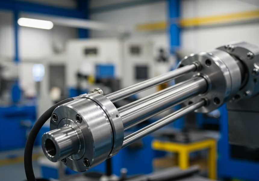 Nahaufnahme eines hydropneumatischen Zylinders in einer Werkstatt.