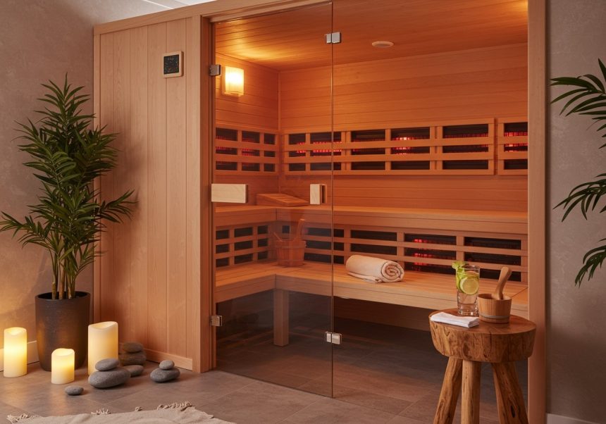 Eine moderne Infrarot-Sauna mit Holzbank, Handtuch und Getränk.