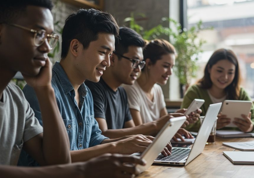Eine Gruppe junger Menschen nutzt verschiedene digitale Geräte in einem Café.
