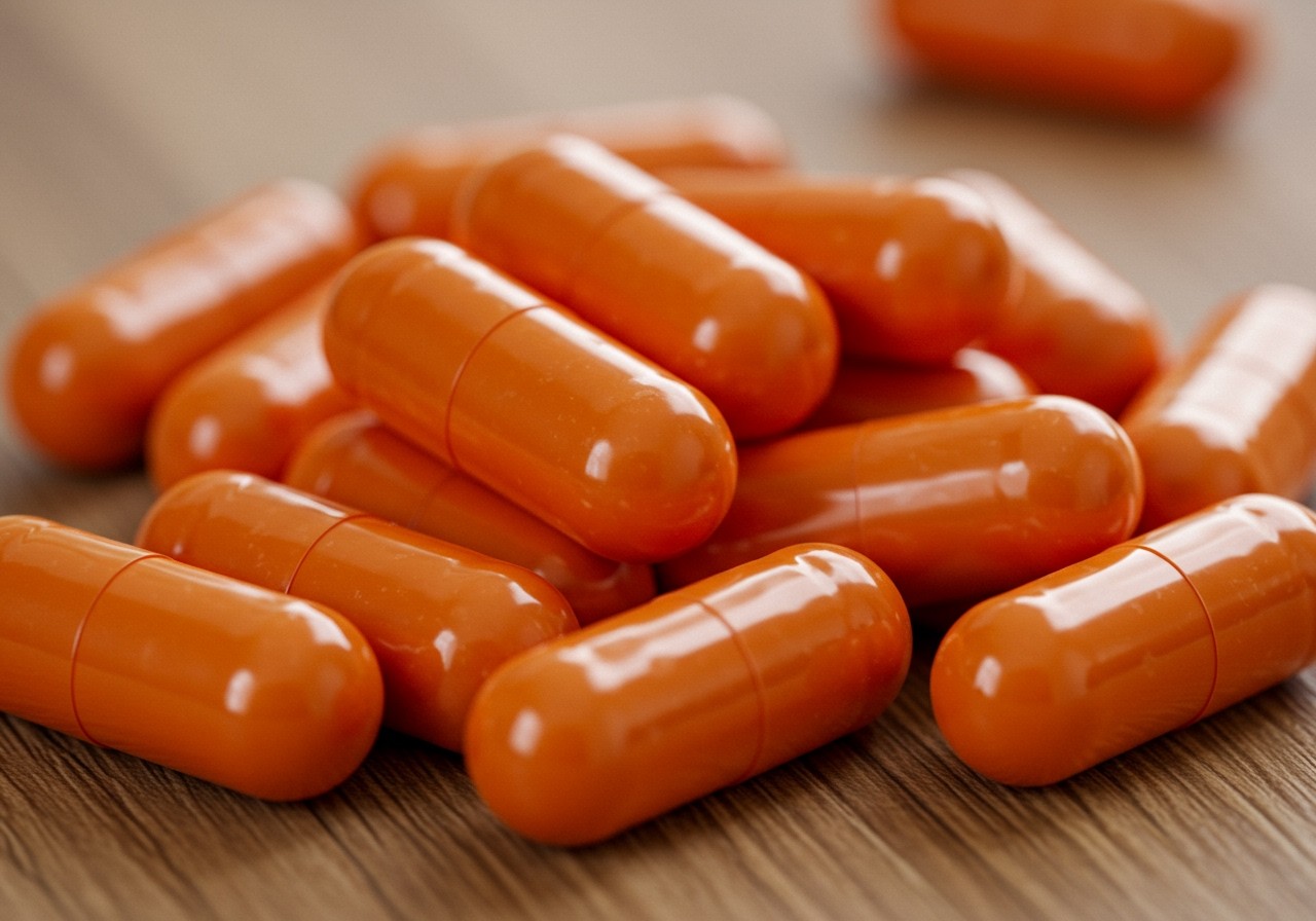 Eine Ansammlung von orangefarbenen Kapseln auf einem Holztisch.