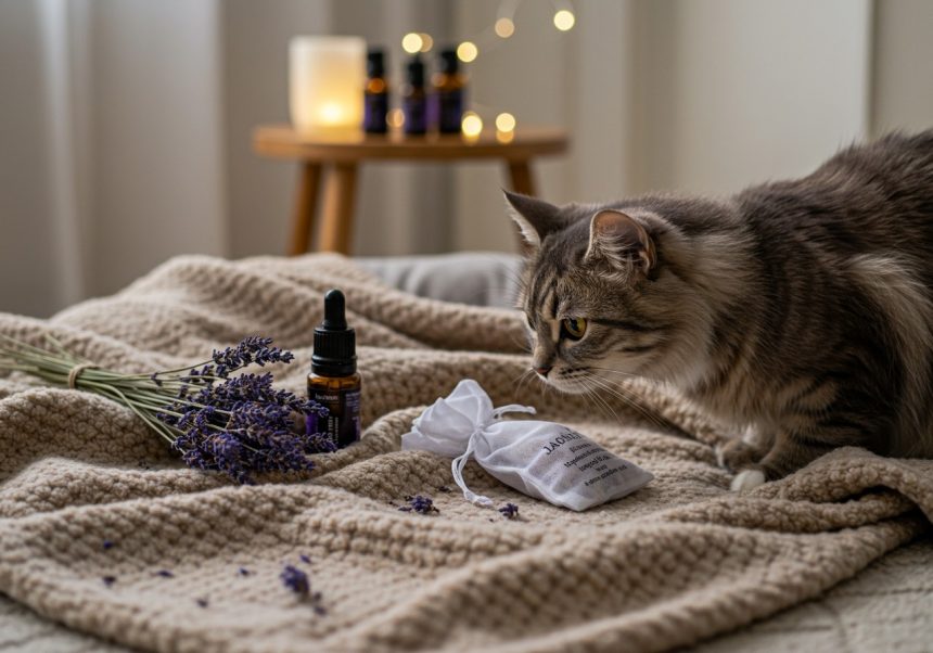 Eine neugierige Katze schnüffelt an Lavendel und Aromatherapie-Produkten auf einer Decke.