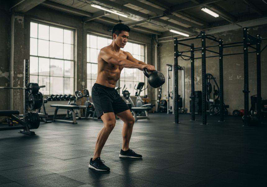 Ein muskulöser Mann führt einen Kettlebell Swing im Fitnessstudio aus.