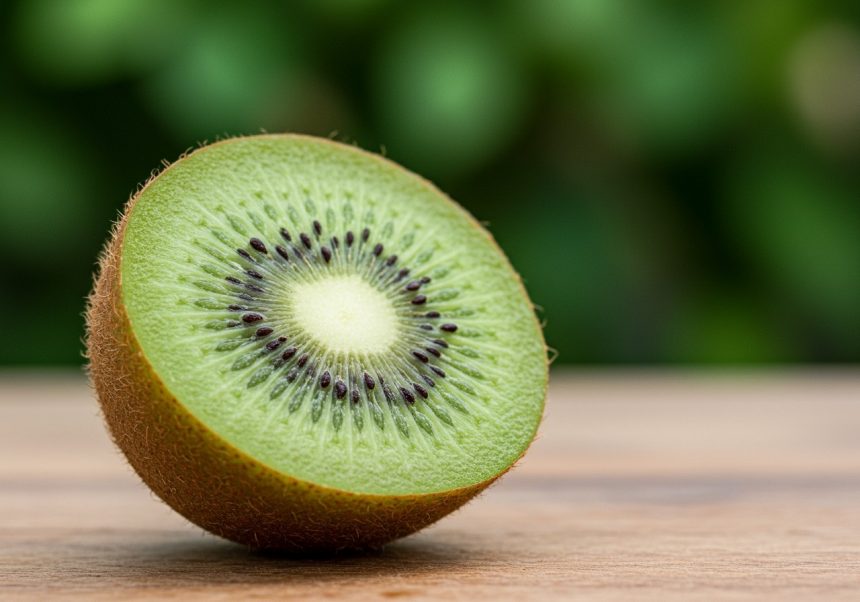 Eine aufgeschnittene Kiwi zeigt ihr leuchtend grünes Fruchtfleisch und schwarze Kerne.