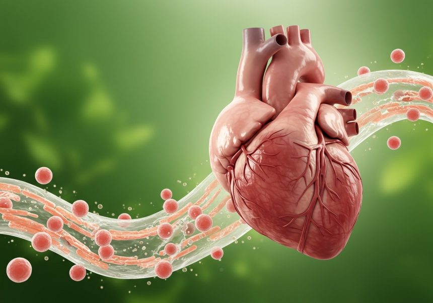 Ein menschliches Herz, umgeben von Blutgefäßen und Zellen, symbolisiert Herzgesundheit.