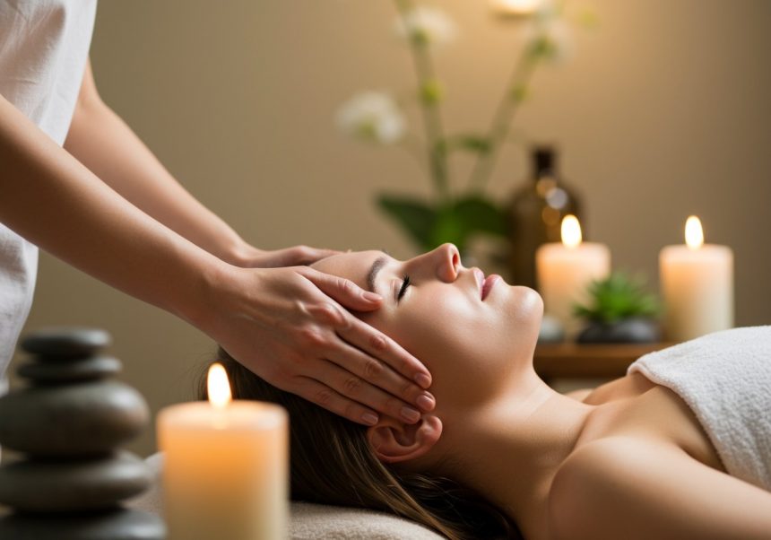 Eine entspannte Frau erhält eine sanfte Kopfmassage in einem ruhigen Raum.