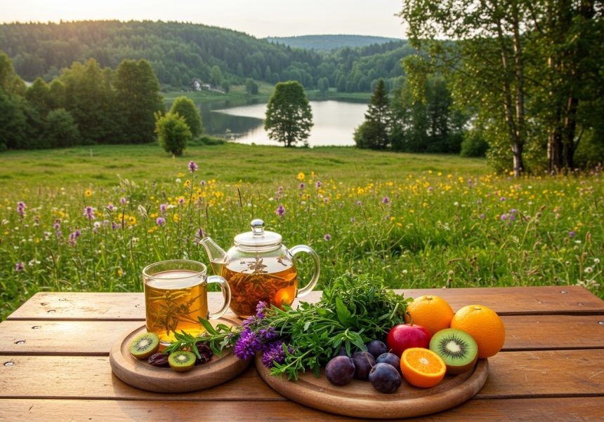 Ein rustikaler Tisch mit frischen Früchten, Kräutern und Teekanne in der Natur.