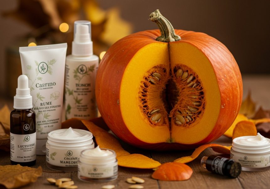 Ein halbierter Kürbis umgeben von Hautpflegeprodukten und herbstlichen Blättern.