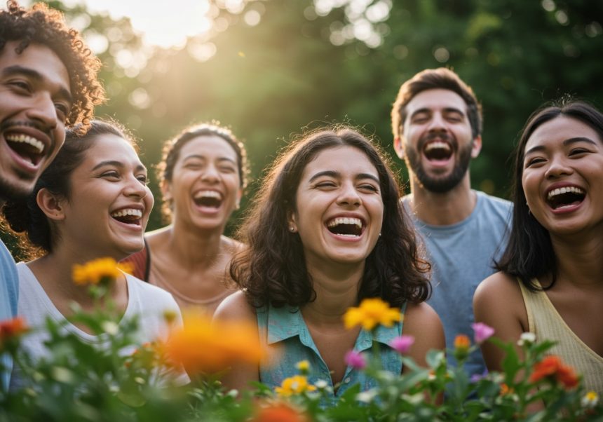 Sechs lachende Freunde sitzen in einem Garten voller Blumen.