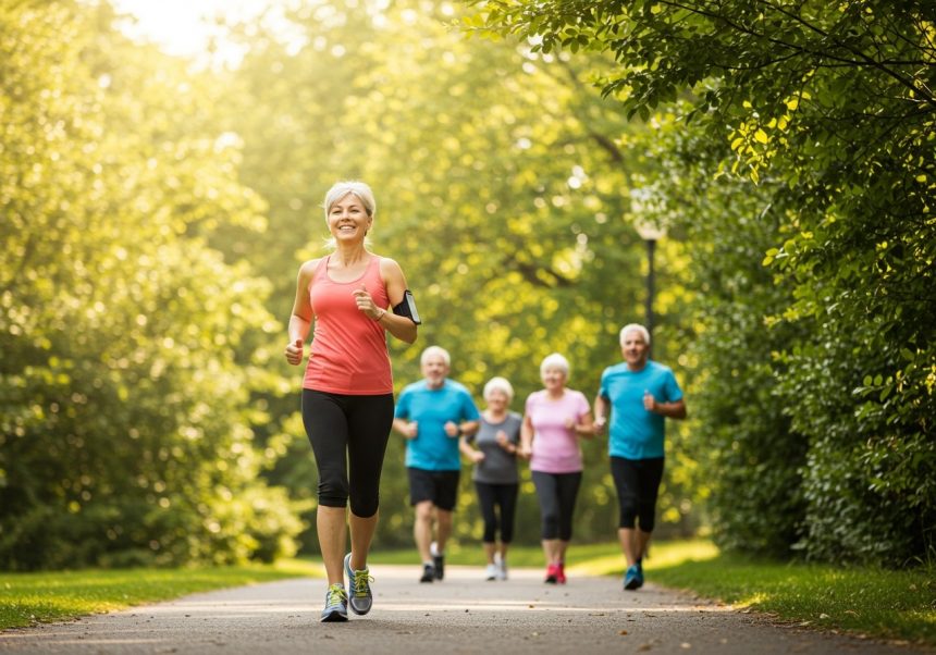 Eine Gruppe von älteren Menschen joggt fröhlich in einem Park.